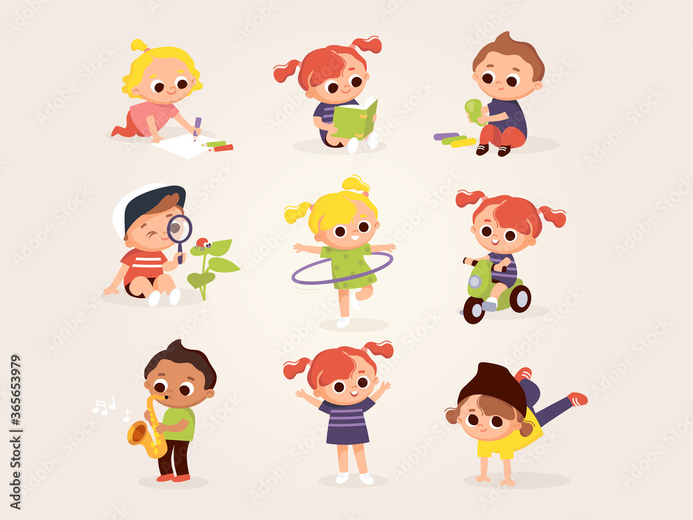 Children's activities. Set of kids in various poses. Children draw, play, sing, dance, play music, read. Kids at the art classes.