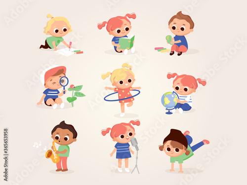Children s activities. Set of kids in various poses. Children draw  play  sing  dance  play music  read. Kids at the art classes.