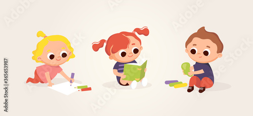 Little cute kids drawing and reading. Art class lessons. Children's activities. Set of kids in various poses.Kids at the art classes.