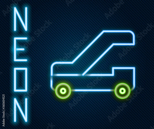 Glowing neon line Passenger ladder for plane boarding icon isolated on black background. Airport stair travel. Colorful outline concept. Vector Illustration.