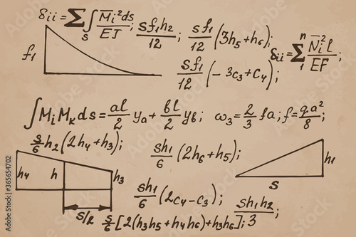 Vintage education background. Trigonometry law theory and mathematical formula equation on kraft paper. Vector hand-drawn illustration.