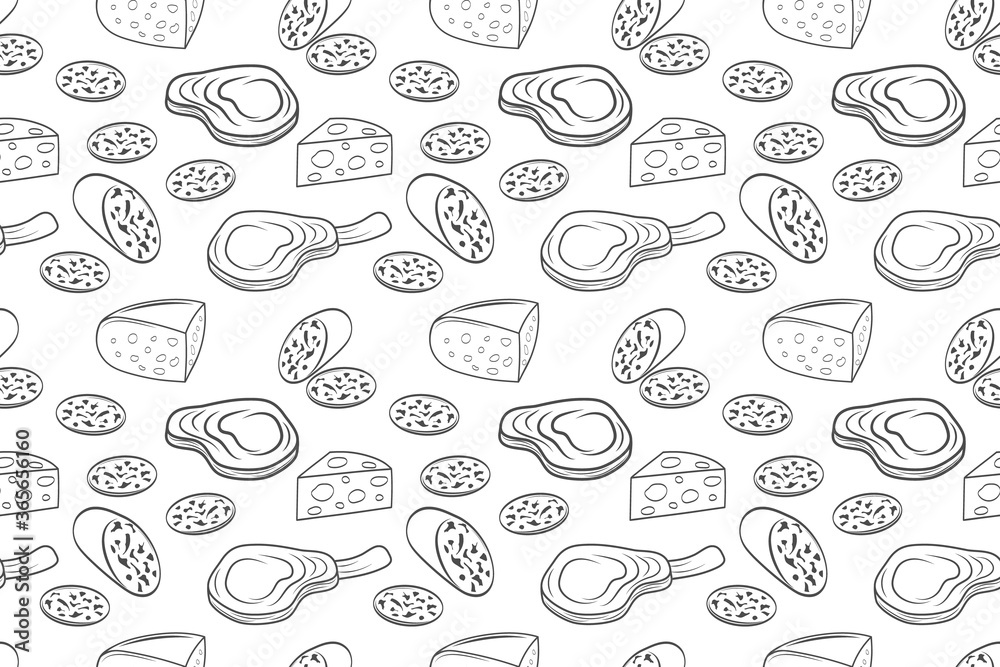 Outline sausage, steak and cheese seamless pattern isolated on white. Sketch food. Vector stock illustration. EPS 10