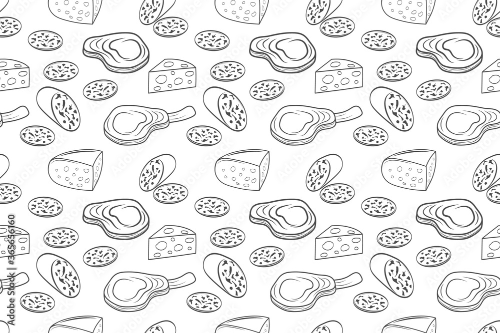Outline sausage, steak and cheese seamless pattern isolated on white. Sketch food. Vector stock illustration. EPS 10 Outline sausage, steak and cheese seamless pattern isolated on white. Sketch food. Vector stock illustration. EPS 10