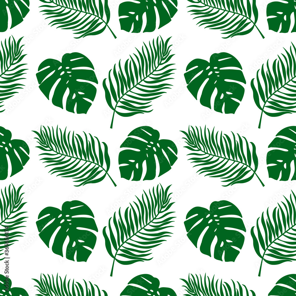 Doodle leaf of palm and monstera seamless pattern. Hand drawing art line. Tropic symbol. Vector stock illustration. EPS 10