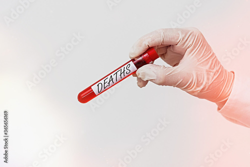 Writing note showing Deaths. Business concept for permanent cessation of all vital signs, instance of dying individual Extracted blood sample vial ready for medical diagnostic examination photo