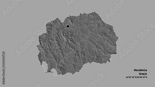 Čaška, municipality of Macedonia, with its capital, localized, outlined and zoomed with informative overlays on a bilevel map in the Stereographic projection. Animation 3D photo