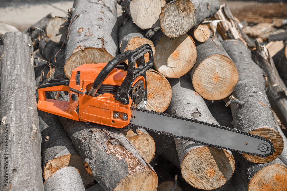 Φωτογραφία Chainsaw that stands on a heap of firewood in the yard on a background of firewo
