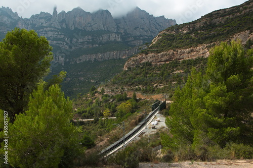 View of the cog railway from Monistrol de Montserrat to Santa Maria de Montserrat Abbey, Catalonia, Spain, Europe
