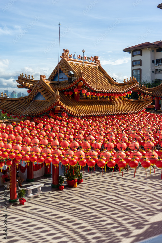 Fototapeta premium The beautiful decoration of Red Lantern during Chinese New Year at the temple. The image contains certain grain or noise and soft focus.