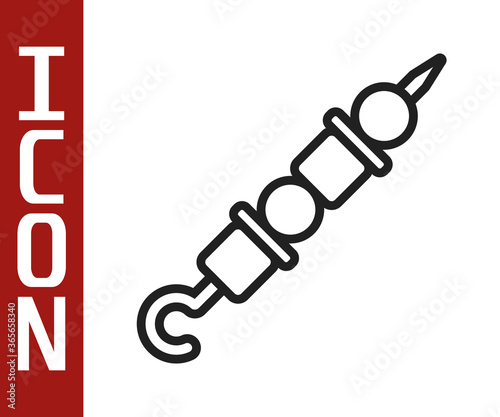 Black line Grilled shish kebab on skewer stick icon isolated on white background. Meat kebab on skewer stick. Picnic with grilled meat. Vector Illustration.