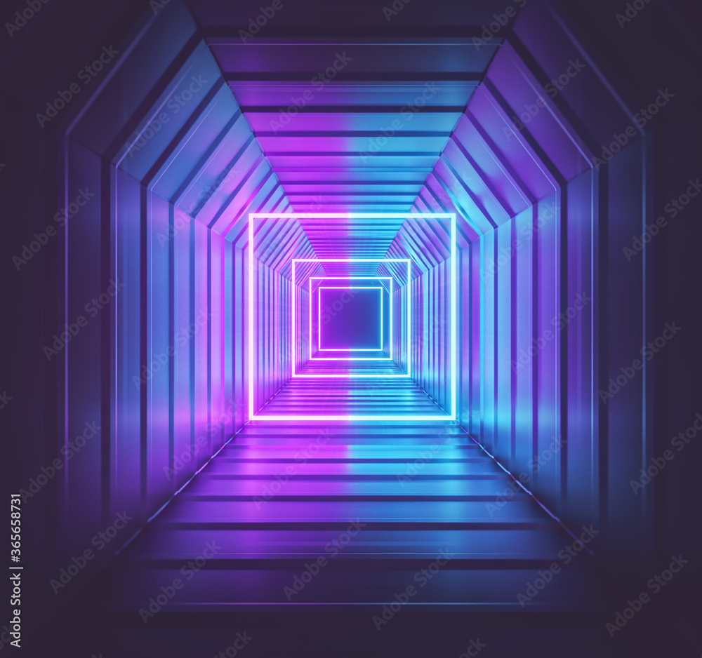 Abstract futuristic empty tunnel with neon lights. design for poster, banner, advertising. 3d rendering