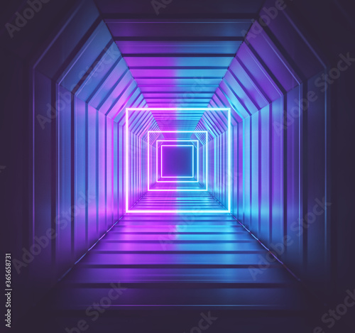 Abstract futuristic empty tunnel with neon lights. design for poster, banner, advertising. 3d rendering