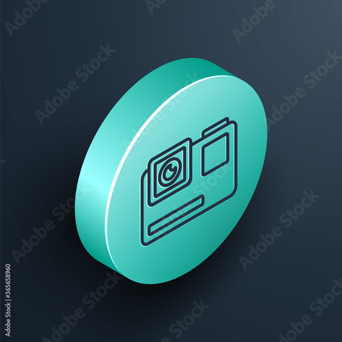 Isometric line Action extreme camera icon isolated on black background. Video camera equipment for filming extreme sports. Turquoise circle button. Vector Illustration.