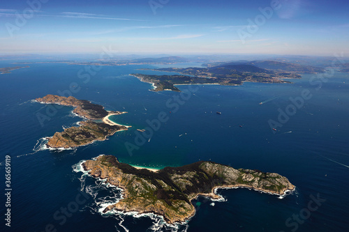 aerial view of the ria de vigo taken from a helicopter with the Cies Islands in the background