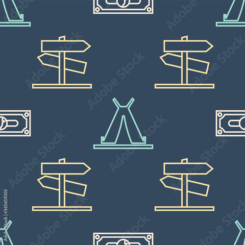 Set line Stacks paper money cash, Road traffic signpost and Indian teepee or wigwam on seamless pattern. Vector.