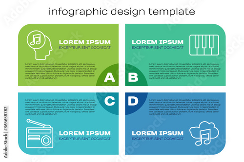 Set line Radio with antenna, Musical note in human head, Music streaming service and Music synthesizer. Business infographic template. Vector.