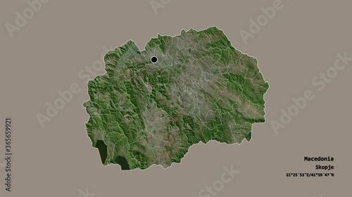 Gevgelija, municipality of Macedonia, with its capital, localized, outlined and zoomed with informative overlays on a satellite map in the Stereographic projection. Animation 3D photo