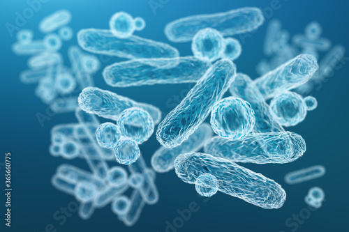 Enterobacteriaceae, gram-negative rod-shaped bacteria, part of intestinal microbiome and causative agents of different infections, 3D rendering. Escherichia coli, Klebsiella, Enterobacter and other