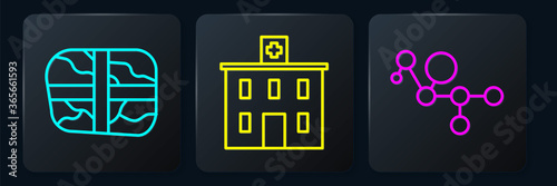 Set line Package with cocaine, Cannabis molecule and Medical hospital building. Black square button. Vector.