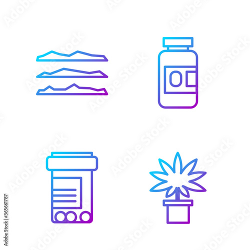 Set line Marijuana or cannabis plant in pot, Medicine bottle and pills, Cocaine or heroin drug and Medicine bottle and pills. Gradient color icons. Vector.
