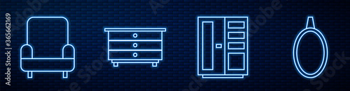Set line Wardrobe, Armchair, Chest of drawers and Mirror. Glowing neon icon on brick wall. Vector.