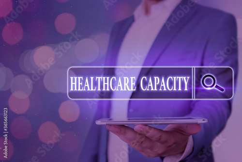 Handwriting text Healthcare Capacity. Conceptual photo maximum amount of patients provided with the right medical service Web search digital information futuristic technology network connection photo