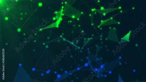 Green and blue triangles, lines and circles of various sizes move against a dusty background.