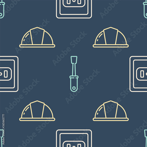 Set line Electrical outlet, Worker safety helmet and Screwdriver on seamless pattern. Vector.