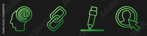 Set line Pencil with eraser, Mail and e-mail, Chain link and Create account screen. Gradient color icons. Vector.