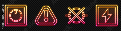 Set line Electric circuit scheme, Electric light switch, Exclamation mark in triangle and Lightning bolt. Glowing neon icon. Vector.