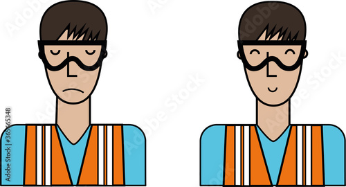 Man in a work vest and construction glasses on a white background