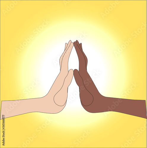 two hands of different nations on a background of the sun