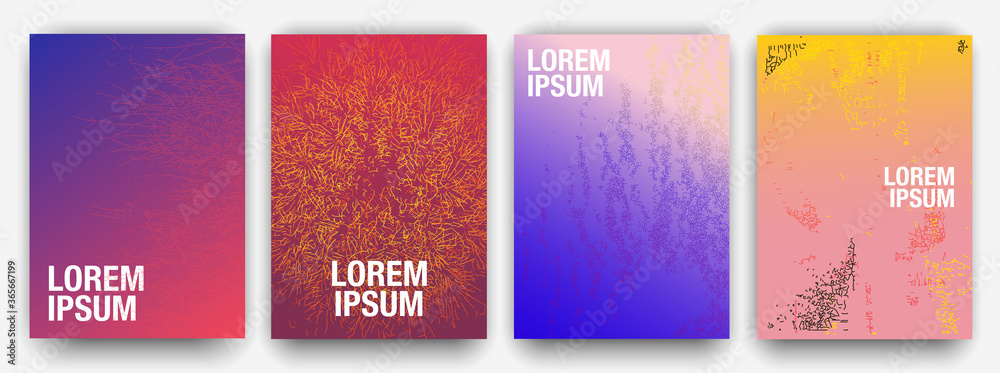 Bold gradient set of templates. Abstract glowing pattern. Futuristic bright design. Digital space. Can be use for cover, poster, landing, invitation, business booklet. Eps 10.