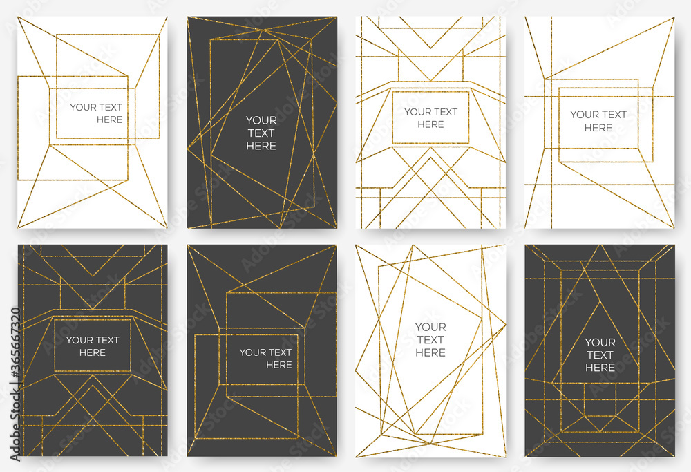Graphic design for cards, brochures, invitations. Polygonal shapes with gold shimmering. Business identity