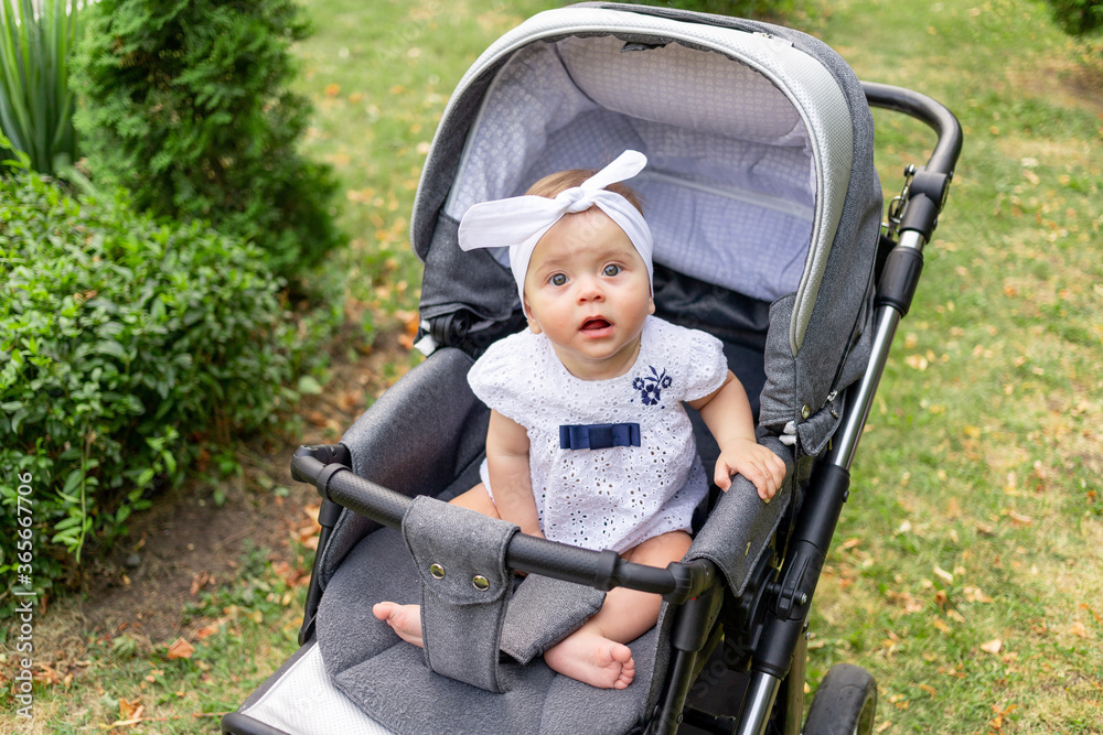 a small child a girl of 7 months sits in a stroller in the summer in a white dress and looks at the camera a small child a girl of 7 months sits in a stroller in the summer in a white dress and looks at the camera