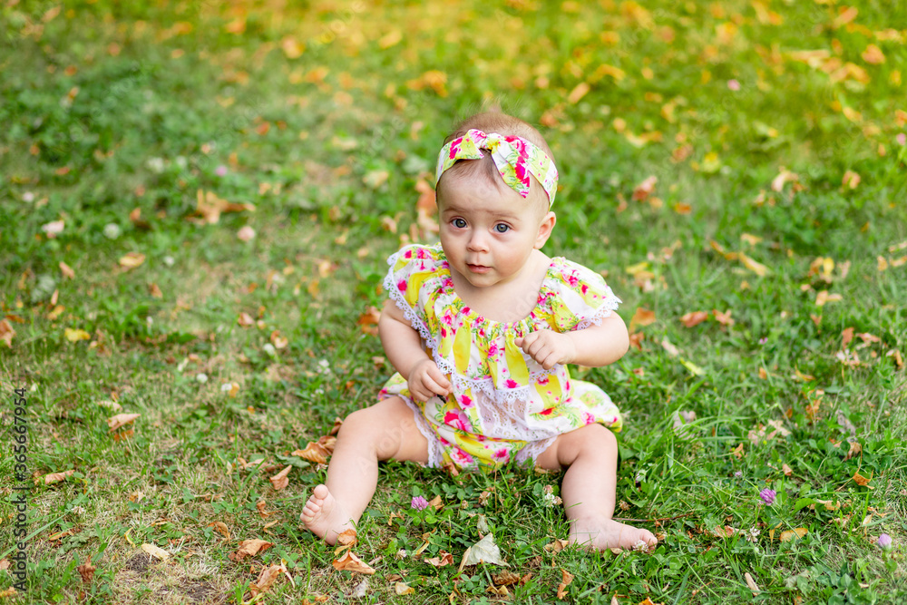 little baby girl 7 months old sitting on the green grass in a yellow dress, walking in the fresh air little baby girl 7 months old sitting on the green grass in a yellow dress, walking in the fresh air