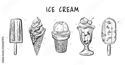 Vector hand drawn illustration of Ice cream set in vintage engraved style. isolated on white background.