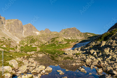 Wonderful spring sunrise of zbojnicke pleso . Amazing morning view of Tatras mountains. Slovakia, Europe. Beauty of nature concept background.