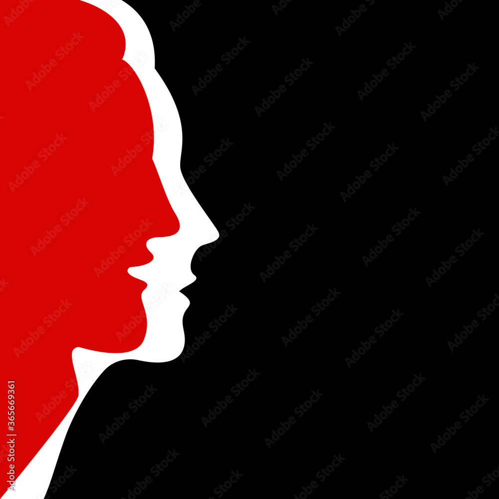 Silhouettes of faces of man and woman together on black background. Red and white colors. Vector illustration.