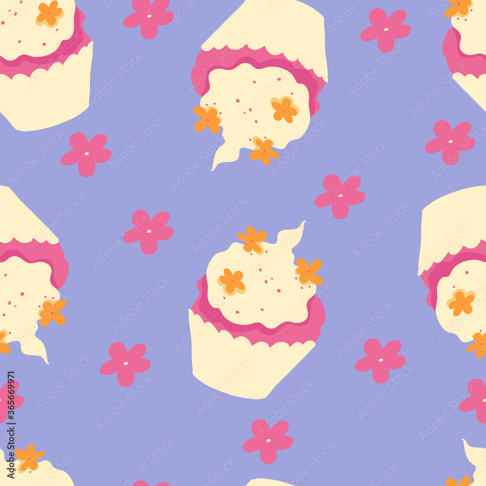 Bright, simple and cute summer pattern with cute cupcakes and flowers. Summer party and 60s vibes