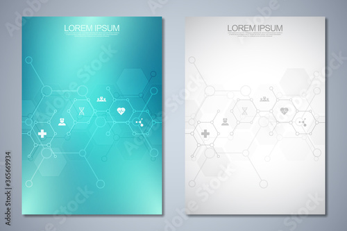 Template brochure or cover book, page layout, flyer design. Concept and idea for health care business, innovation medicine, pharmacy, technology. Medical background with flat icons and symbols.