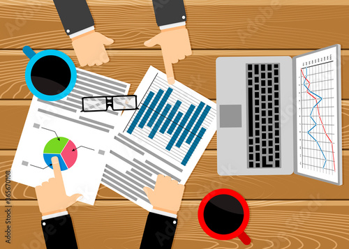 Business meeting, analysis and discussion. Work table with chart and graphic