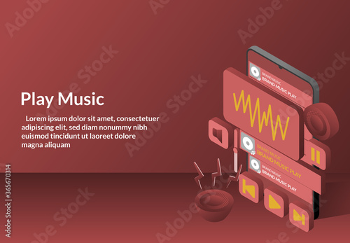 Website landing page Isometric design - music play button on, speaker aktif concept music on tablet monitor , playlist sign template
