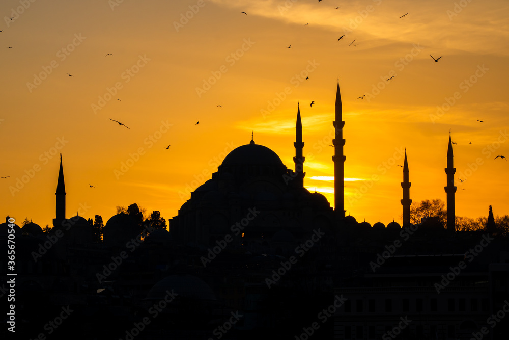 Silhouette of Suleymaniye Mosque with orange sky at sunset