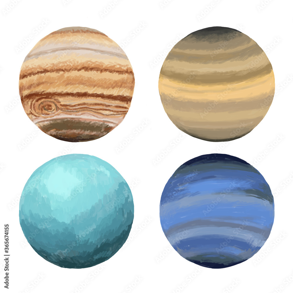 set of planets painted style 
