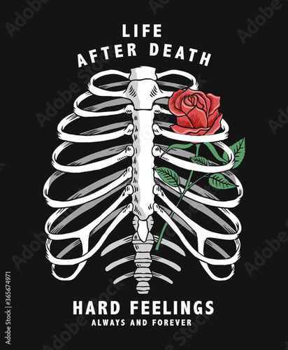 Red rose illustration inside skeleton chest. Vector graphic for t-shirt and other uses.