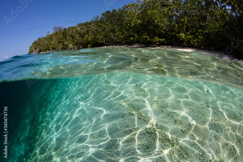 Sunlight ripples across a shallow  sandy seafloor on the edge of a remote island in Raja Ampat  Indonesia. This tropical region is known for its incredible marine biodiversity.