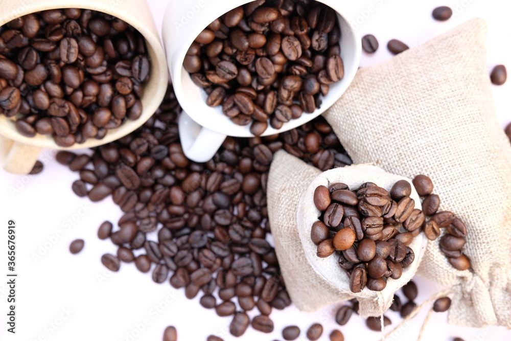 coffee beans on old wood table background, space for text