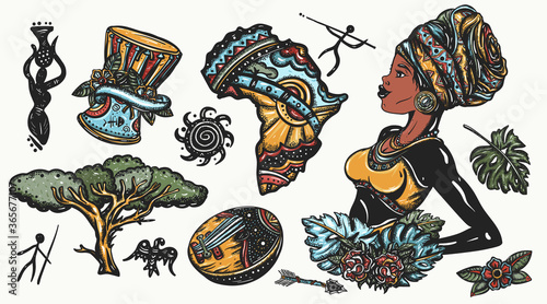 Africa color graphics elements set. Tattoo vector collection. African woman in traditional turban, kalimba, map, drum. Tradition, people and culture. Ethnic afro girl. Black tribe