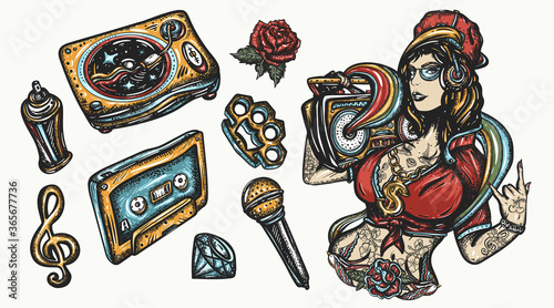 Hip hop music set. Street lifestyle. Color tattoo collection. Cool rap girl, swag woman, boom box. Audio type, break dance elements. Tattooing musical ghetto